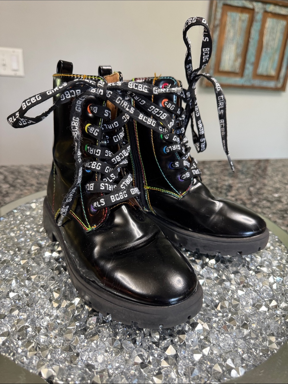 BCBGeneration girls Lace-Up Combat Boots with Rainbow Stitching